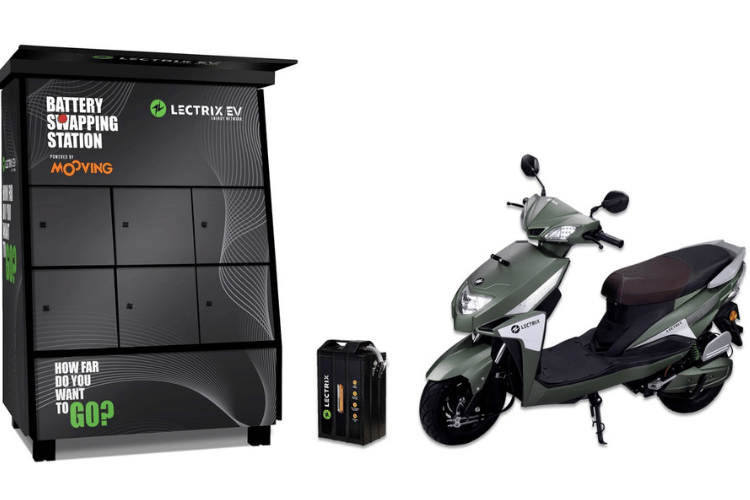 EV battery swapping station alongside an electric scooter and removable battery