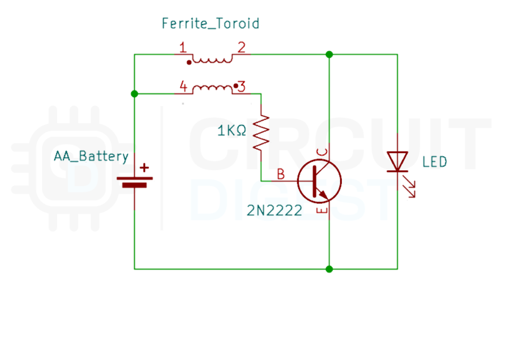 Joule Thief Circuit Diagram showing toroid windings, NPN transistor, resistor, and LED connections