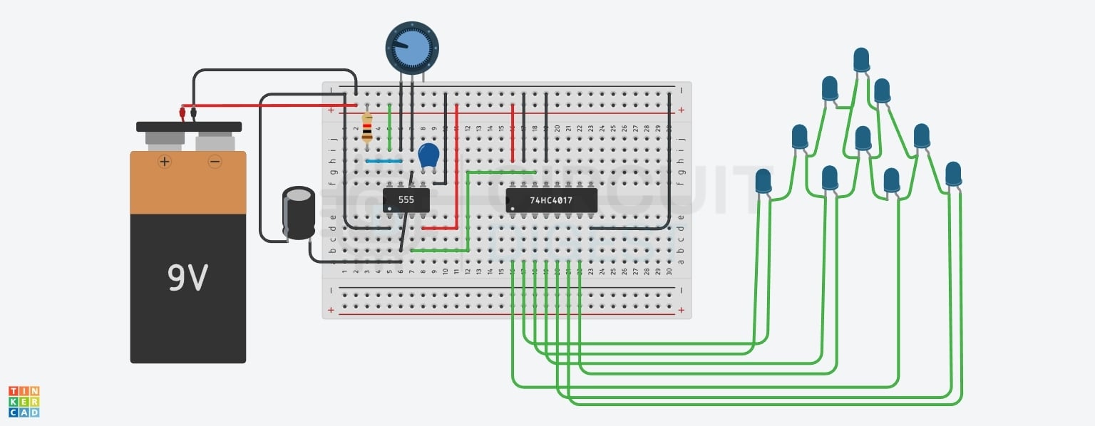 Complete LED chaser circuit diagram using 555 timer IC and CD4017