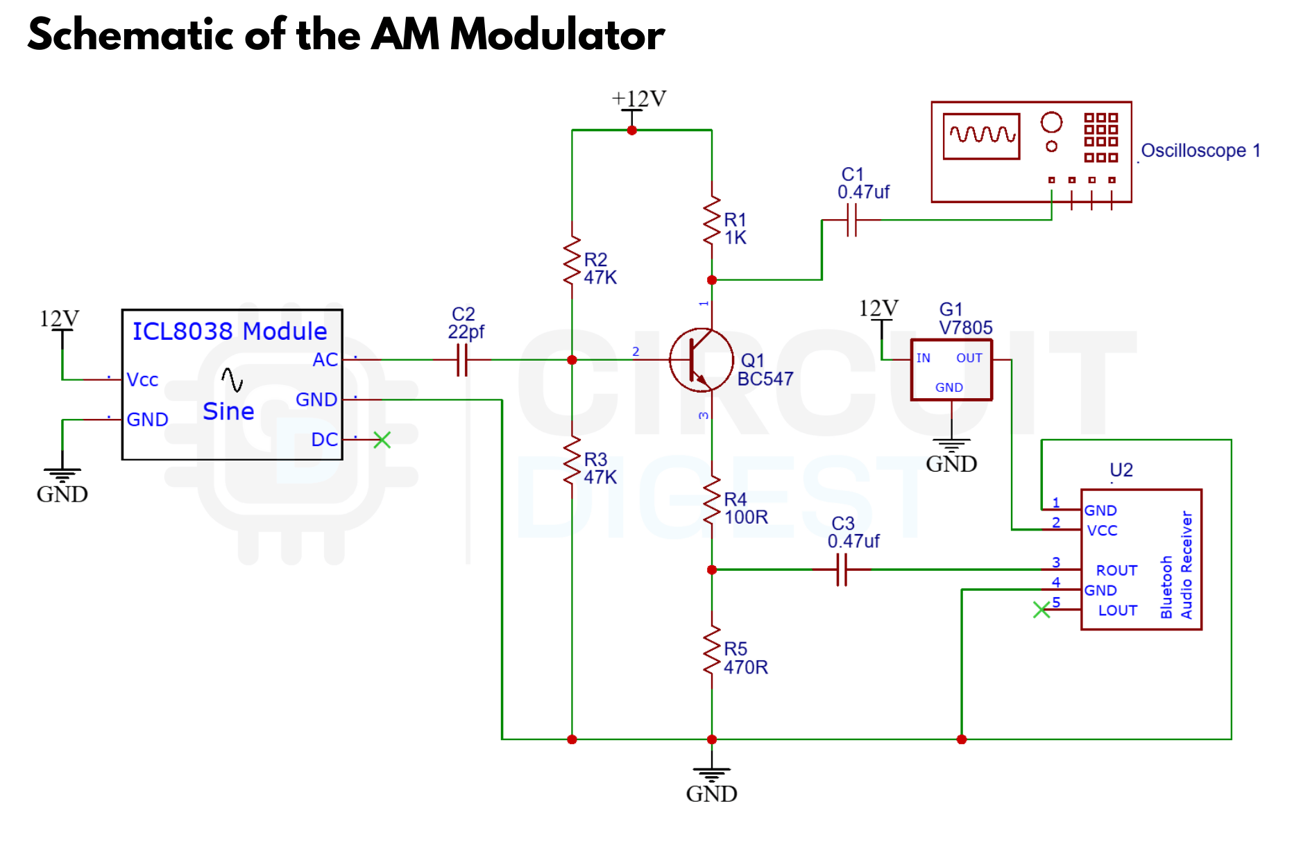 Complete AM Modulator Schematic with ICL8038 carrier generator and Bluetooth audio input