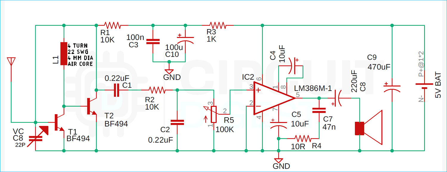 Complete schematic of two-transistor FM receiver circuit showing BF495 transistor, variable capacitor, and LM386 amplifier configuration