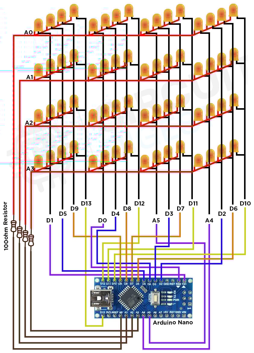 4x4x4 LED Cube Circuit Diagram using Arduino Nano