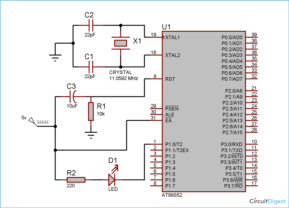 LED interfacing with 8051 microcontroller circuit diagram showing AT89S52 connections, crystal oscillator, and reset circuit