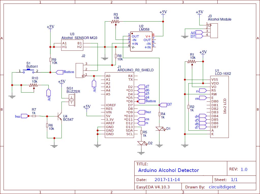 Arduino Alcohol Detector Circuit diagram