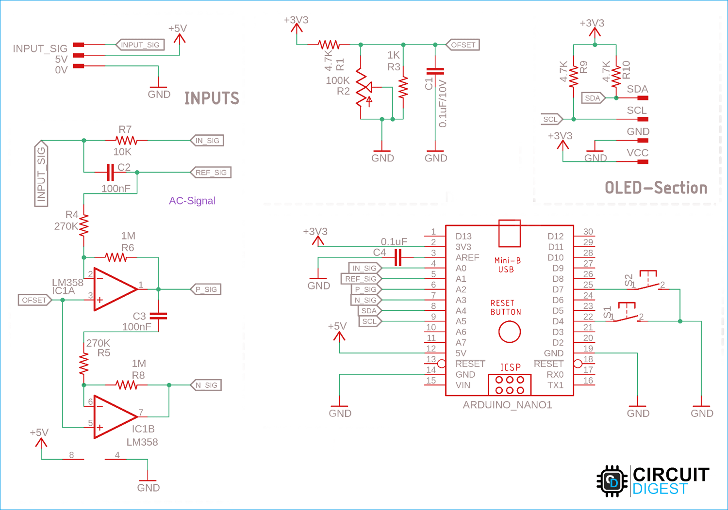 Arduino oscilloscope circuit diagram showing connections between Arduino Nano, OLED display, and input components