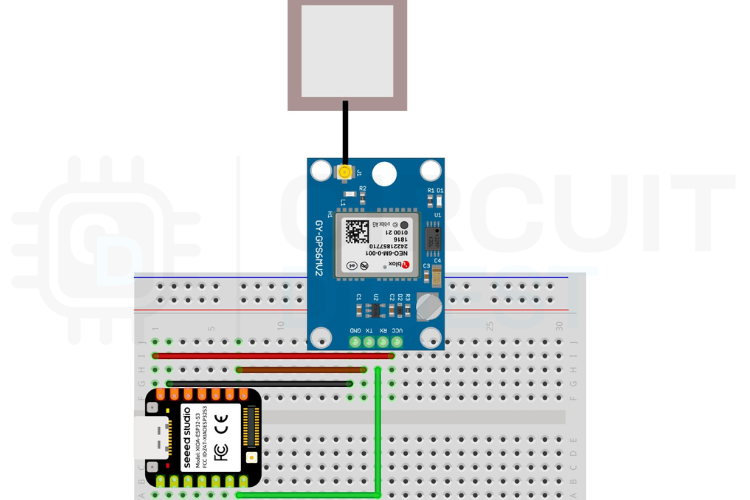 Detailed circuit diagram showing pin connections between XIAO ESP32-S3 and Neo-6M GPS module for GPS tracker project