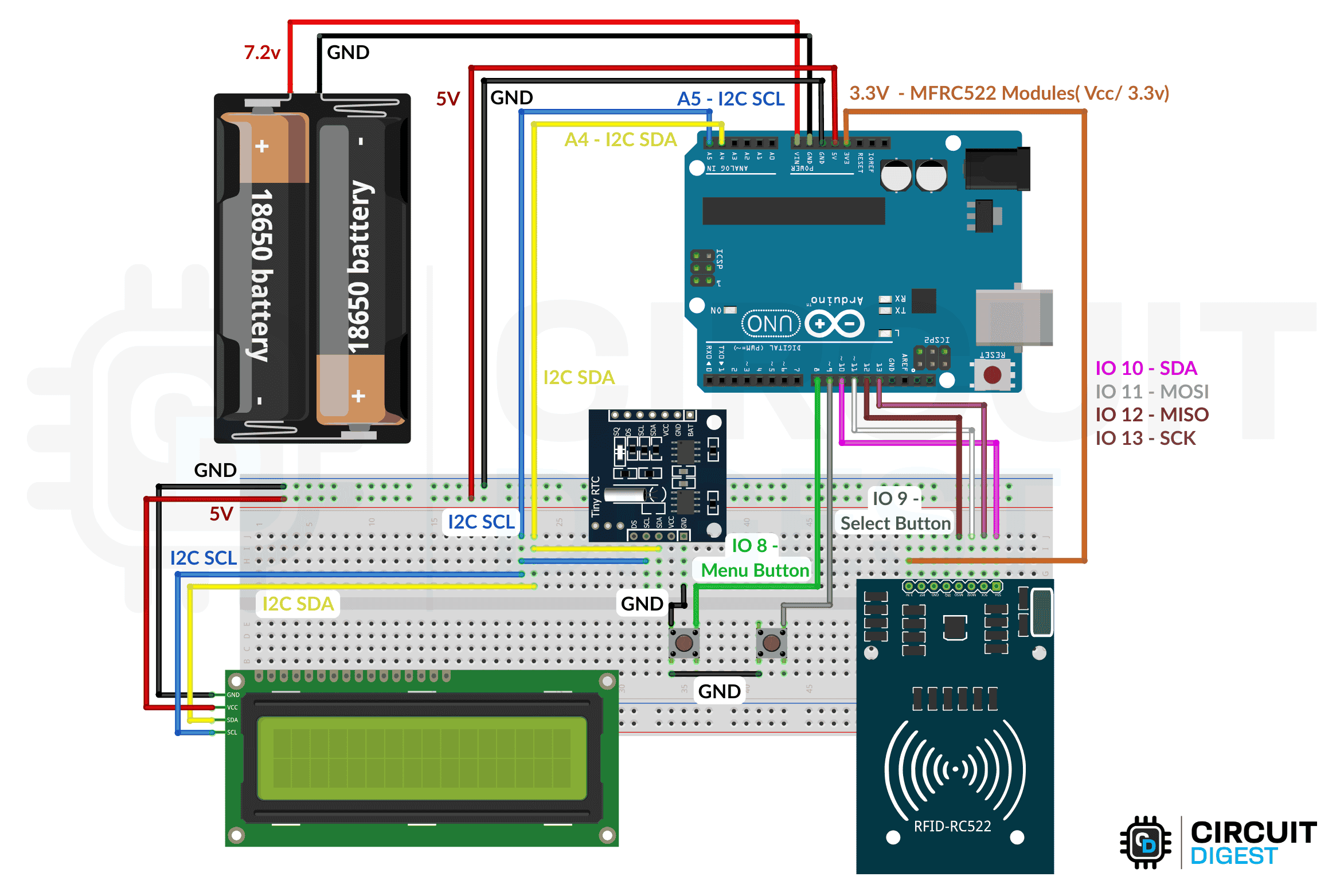 Circuit diagram wiring schematic for RFID based attendance system using Arduino Uno