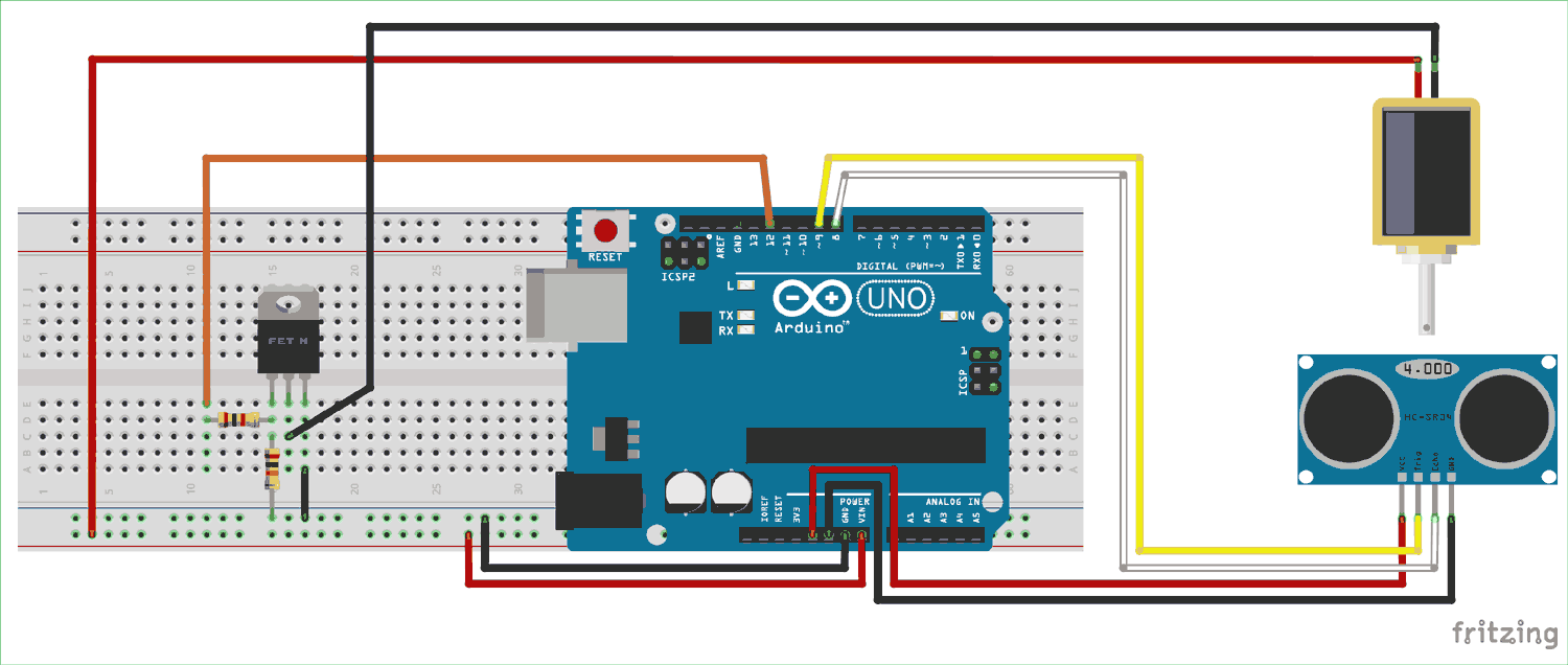 Complete circuit diagram for automatic water dispenser using Arduino with ultrasonic sensor and solenoid valve