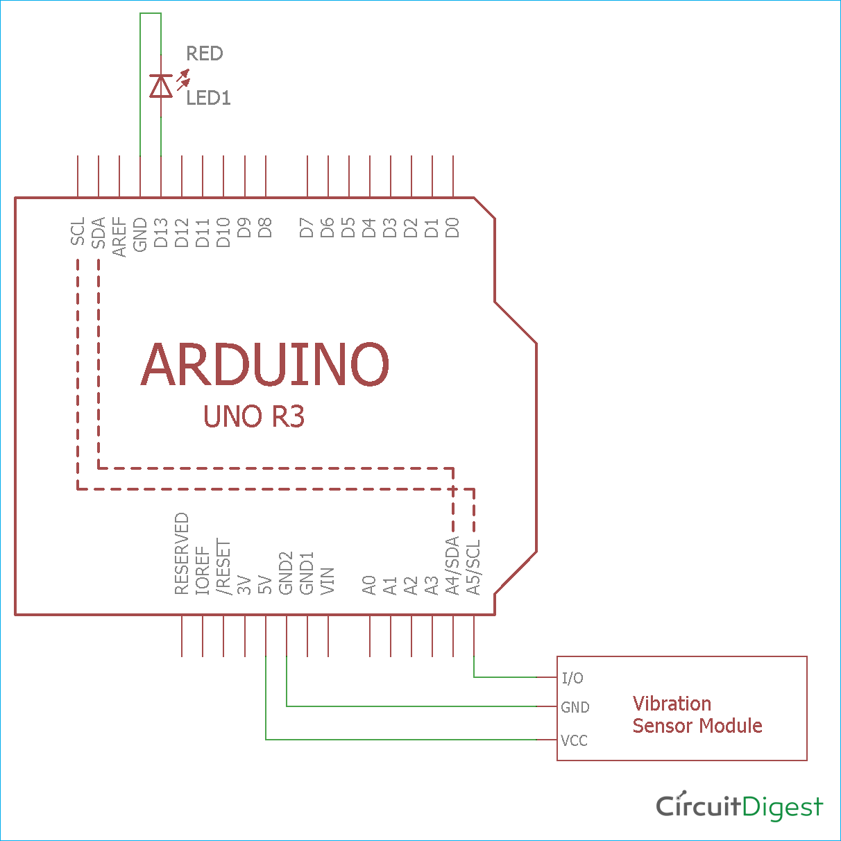 Complete circuit diagram for Arduino SW-420 vibration sensor interface