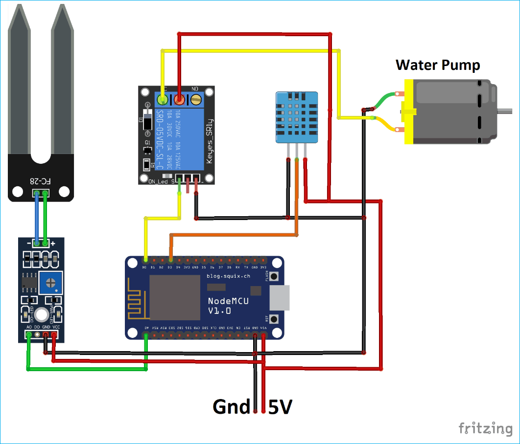 Complete circuit diagram for IoT based smart irrigation system using ESP8266