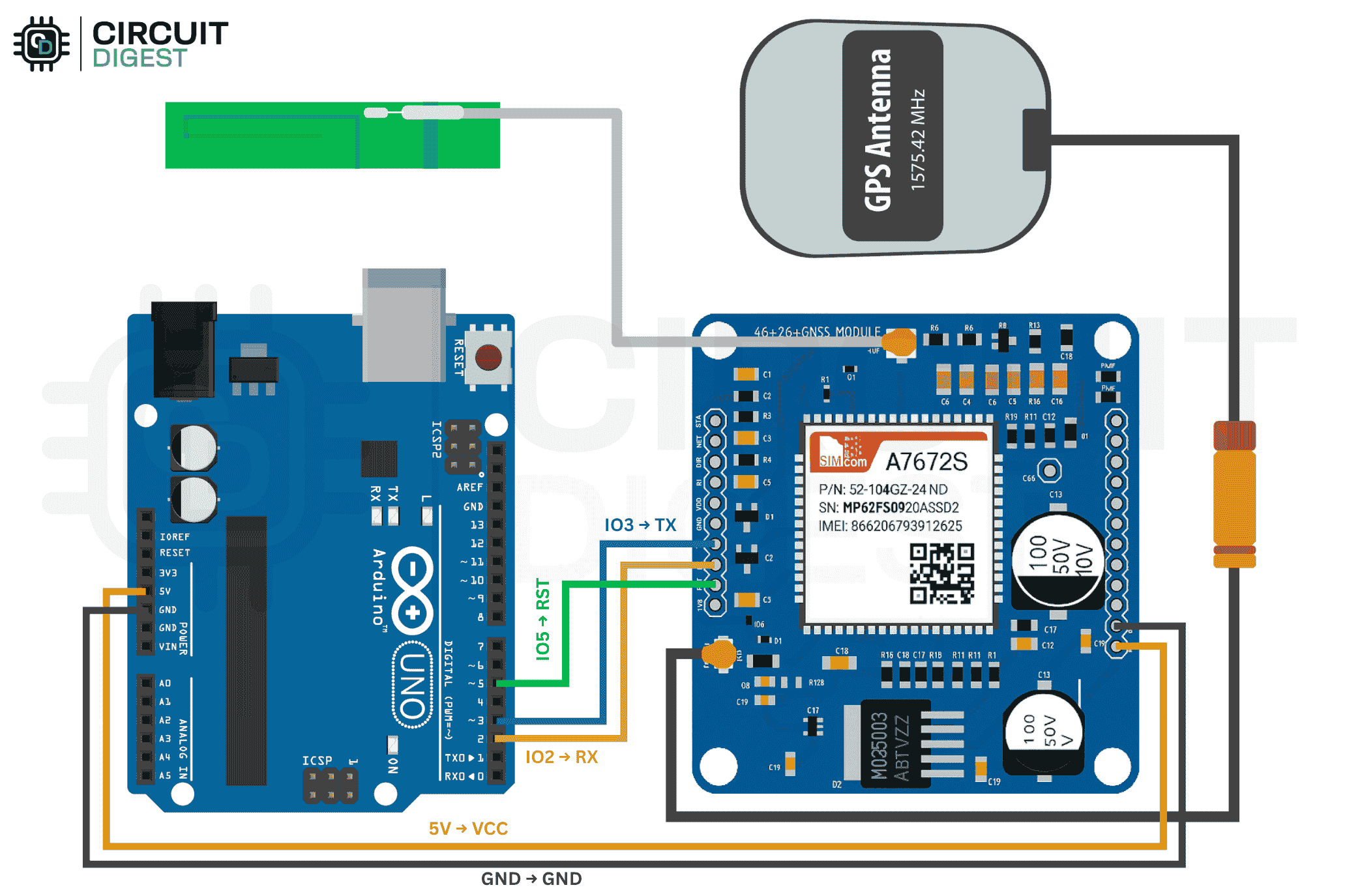 Circuit Diagram of Interfacing A7672S Module with Arduino