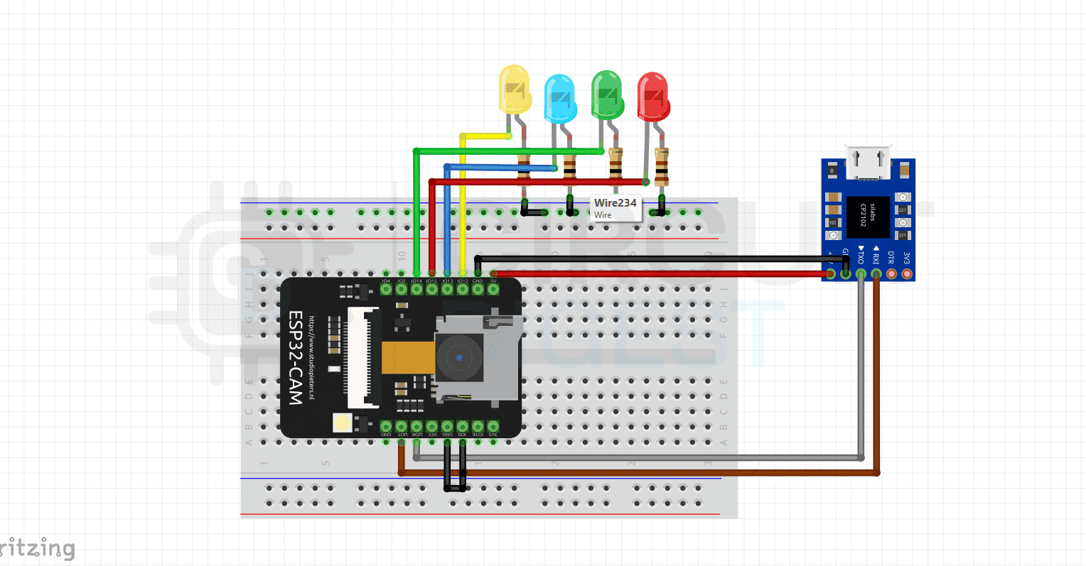 ESP32-CAM currency recognition circuit diagram showing connections between ESP32-CAM, FTDI converter, and LED indicators