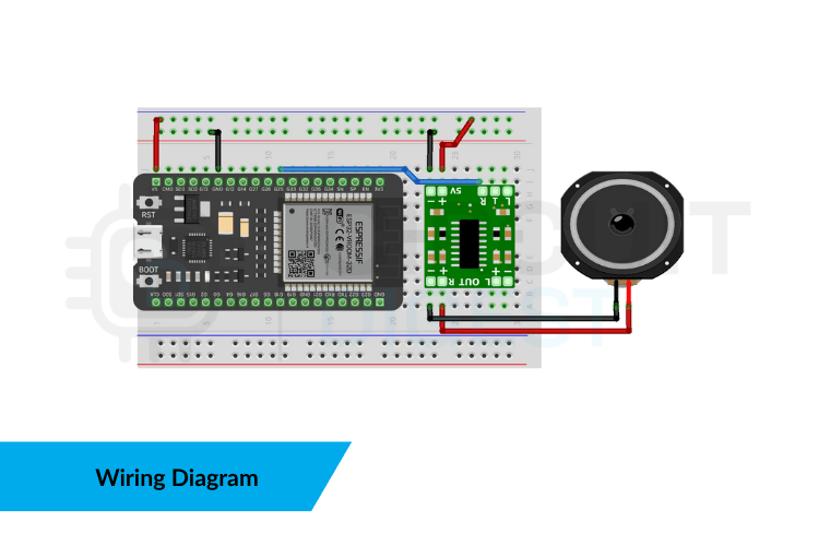 ESP32 text to speech circuit diagram showing connections between ESP32, PAM8403, and speaker