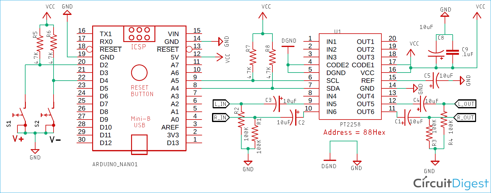 Complete digital volume control circuit diagram using PT2258 IC and Arduino Nano with component values