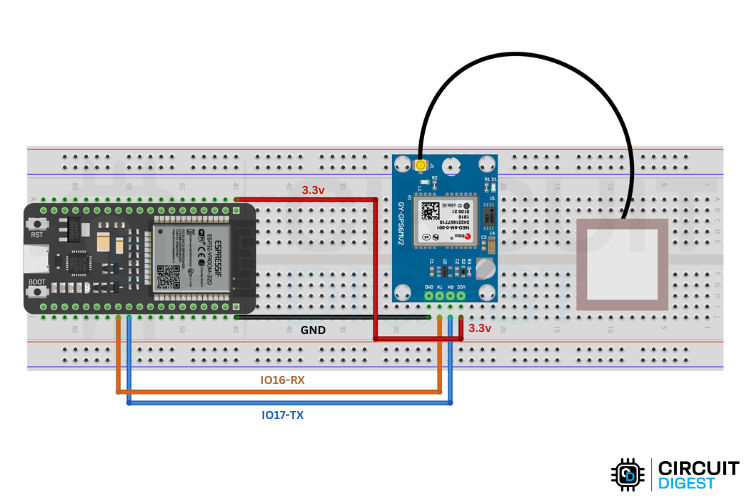 Complete ESP32 GPS tracker circuit diagram showing Neo-6M GPS module connections, LED indicators, and breadboard wiring layout for location tracking system