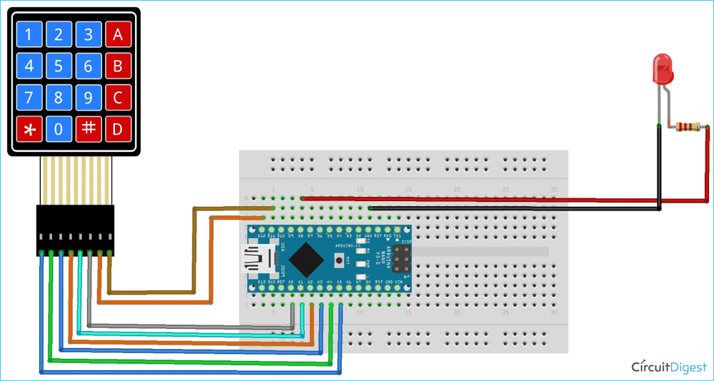 Complete Li-Fi transmitter circuit diagram with Arduino Nano, 4x4 keypad wiring, and LED connection schematic