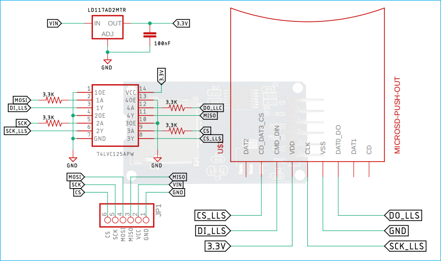 SD card module schematic diagram with logic level shifter IC LM1117 voltage regulator and SPI interface connections