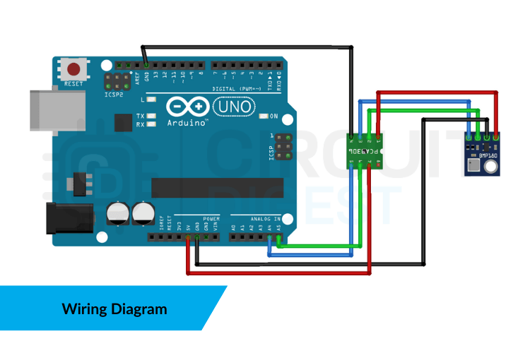 Complete PCA9306 wiring diagram showing connections between Arduino UNO, PCA9306 level shifter module, and BMP180 sensor with proper 5V to 3.3V voltage translation