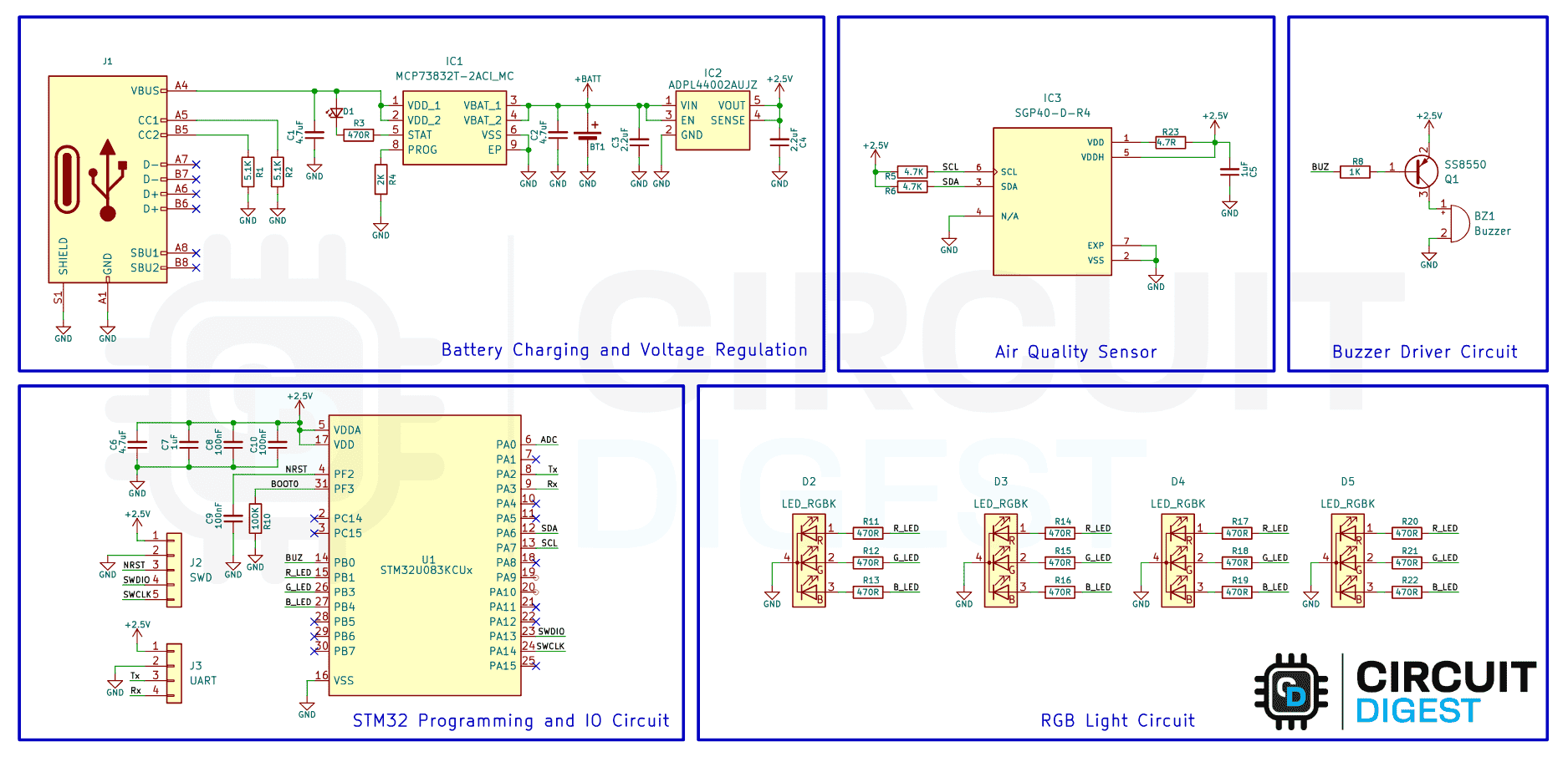 Complete circuit diagram for DIY wearable air quality monitor using STM32 microcontroller and SGP40 TVOC sensor with LED indicators