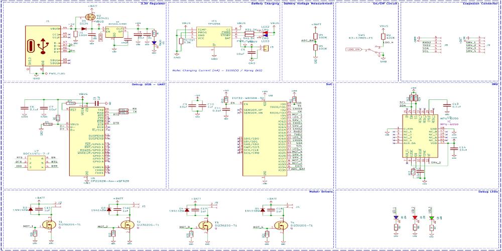 Complete ESP32 drone flight controller circuit schematic showing ESP32 WROOM, MPU6050 IMU, motor drivers, power management, and USB programming interface