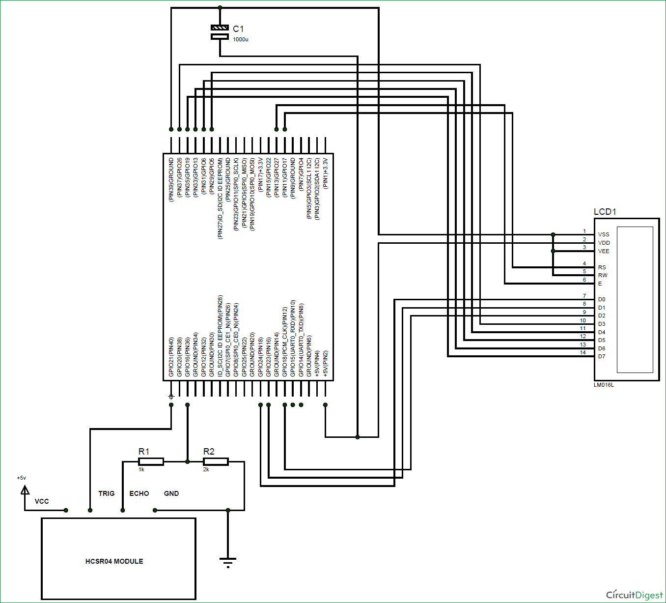 Circuit Diagram for Raspberry Pi Distance Measurement Using HC-SR04