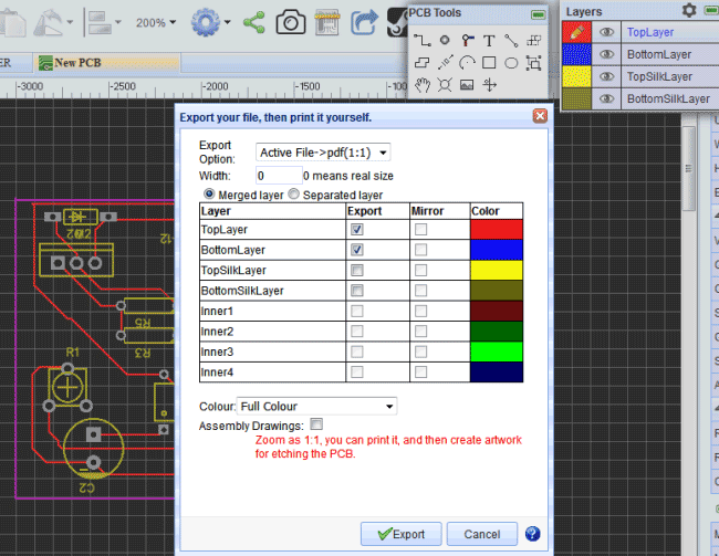 PCB Export Dialog Showing Layer Selection And Print Options