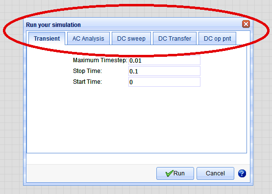 Run Your Simulation Dialog with Transient Tab Selected