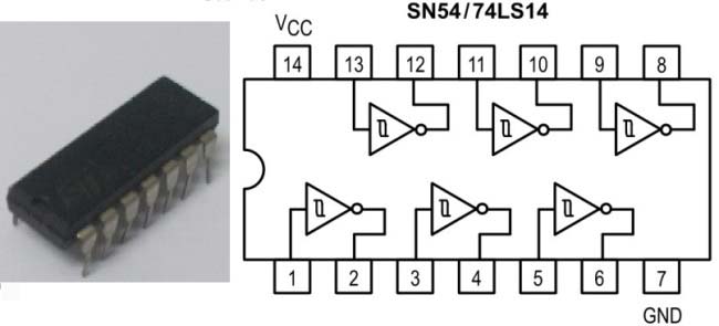 74LS14 Hex Schmitt Trigger Inverter IC pinout diagram showing 6 independent gates with pin numbers for VCC, GND, inputs and outputs