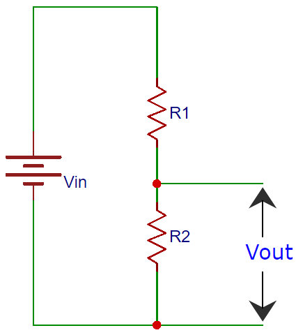 Voltage divider circuit diagram showing input voltage Vin, resistors R1 R2, and output voltage Vout calculation