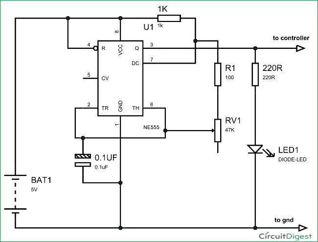 555 Timer Signal Generator Circuit Diagram in Astable Mode for testing Arduino Frequency Counter showing resistor-capacitor timing network