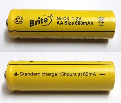 600mAh Nickel-Cadmium rechargeable battery showing typical cylindrical form factor
