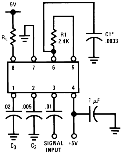 Complete LM567 tone decoder circuit showing input filtering, frequency control, and output load