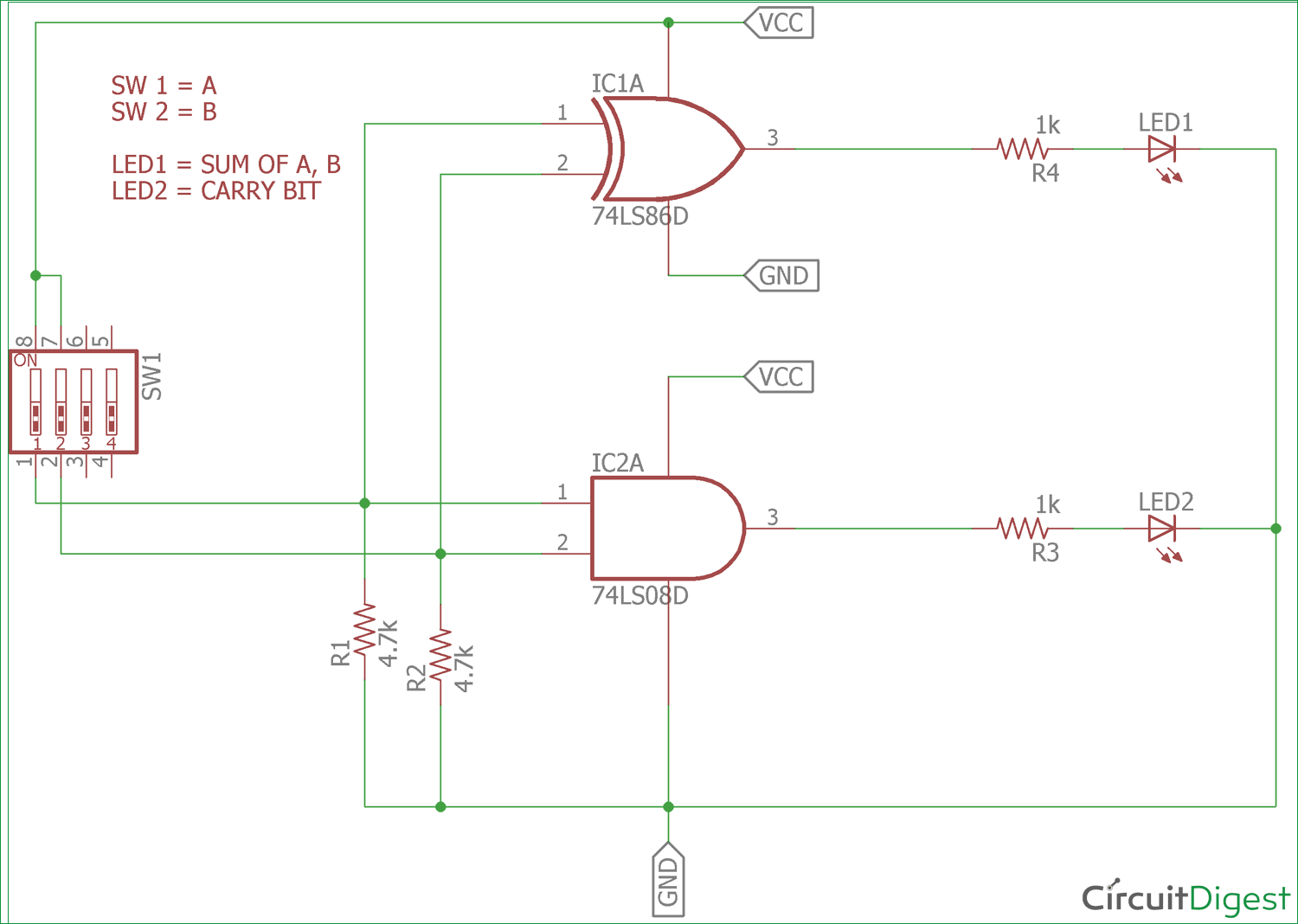 Detailed half adder circuit diagram using 74LS86 XOR and 74LS08 AND ICs with LED indicators and DIP switches for input control