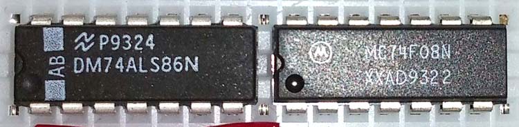 74LS08 AND gate IC and 74LS86 XOR gate IC used for constructing half adder circuit