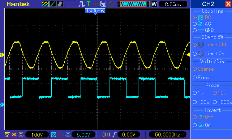Detailed op-amp zero crossing detector output waveform analysis showing input sine wave, reference voltage level, and resulting square wave output with clear positive and negative saturation levels marked