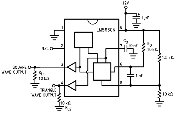 LM566 VCO circuit diagram with timing network, power supply, and frequency control components