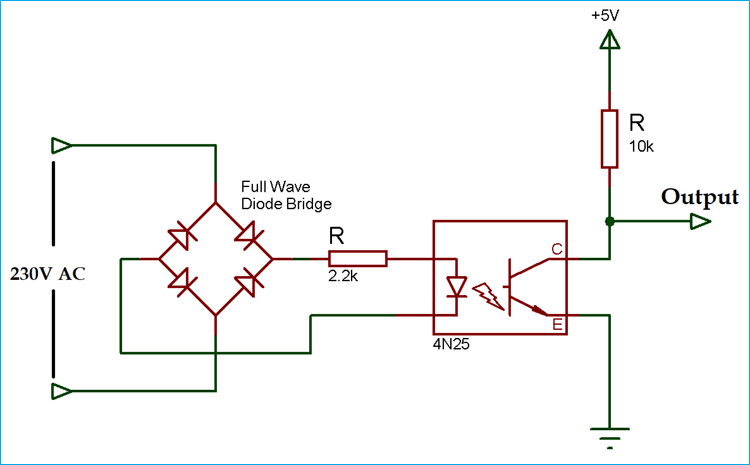 Zero crossing detector circuit schematic using optocoupler IC showing electrical isolation between AC input and DC output with component values and pin connections for safe zero crossing detection