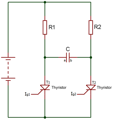 Class C complementary thyristor commutation circuit with dual thyristor configuration