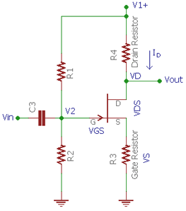 Potential divider biasing circuit for JFET with voltage divider network at gate terminal