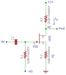 Self-biasing JFET circuit diagram with source resistor creating automatic bias voltage