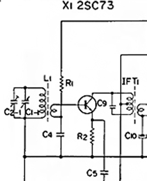 Antenna and mixer circuit section of superheterodyne AM receiver showing ferrite rod antenna and frequency conversion