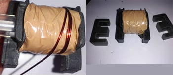 Image alt text suggestion: "Secondary winding assembly on SMPS transformer showing 21 turns of 23 AWG wire with multiple layers of polyester insulation tape