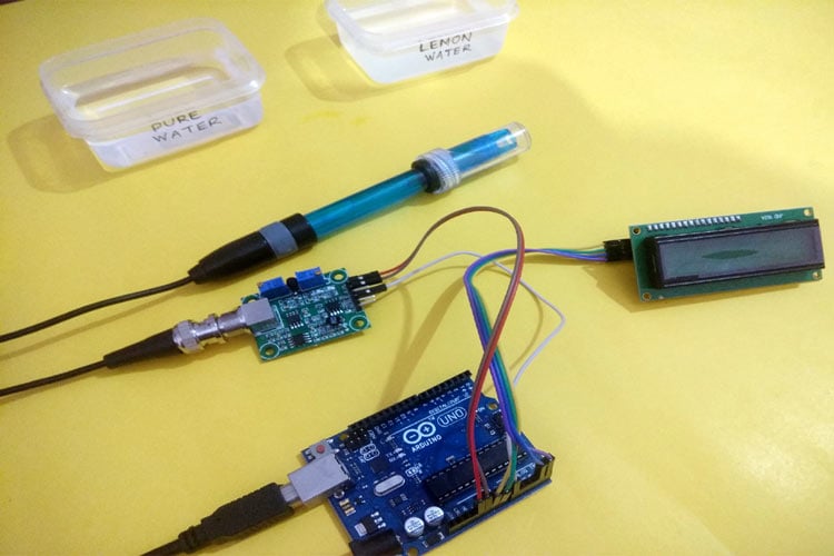 Assembled Arduino pH meter setup showing pH sensor connected to Arduino and LCD display for real-time pH measurement