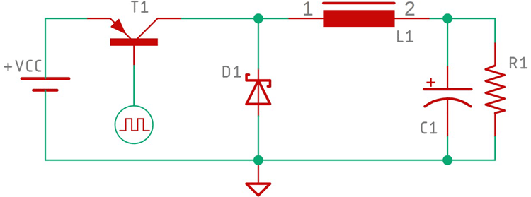 Buck converter block diagram showing switching element, inductor, diode and capacitor arrangement