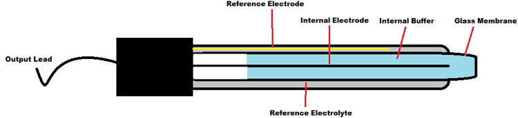 pH electrode internal construction diagram showing glass membrane, buffer solution, and reference electrode