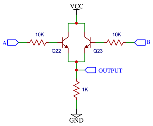 Simple OR gate using NPN transistor circuit diagram with two transistors in parallel configuration