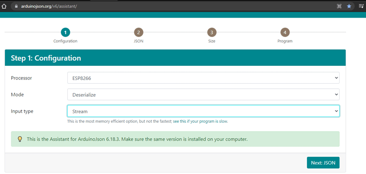 ArduinoJson Assistant Configuration for Smart Agriculture System Using Arduino ArduinoJson Assistant settings for ESP8266-based smart agriculture using IoT