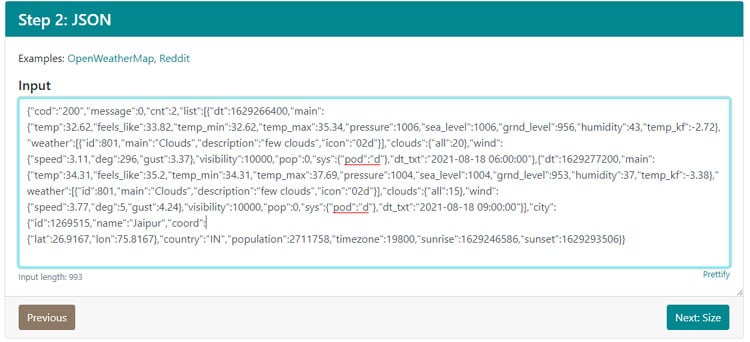 OpenWeatherMap JSON Data Input for Parser Generation JSON data from OpenWeatherMap pasted into ArduinoJson Assistant