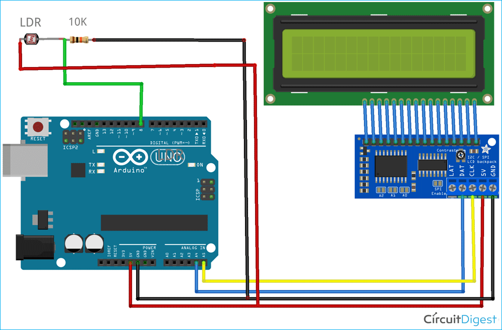 Detailed Li-Fi receiver circuit diagram showing Arduino UNO, LDR sensor wiring, voltage divider, I2C LCD connections