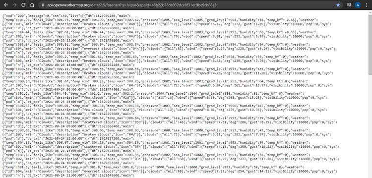 OpenWeatherMap JSON Response for IoT Smart Agriculture Sample JSON response containing weather forecast data for agricultural planning